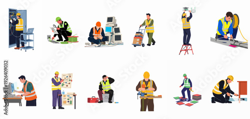 Diverse IT and Telecommunication professionals performing installation, maintenance, and repair tasks on network infrastructure, servers, and data systems.