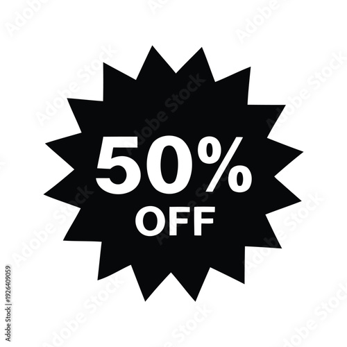 sunburst discount label silhouette vector illustration, Bold stylish sale badge showing fifty percent off discount in sleek modern starburst silhouette vector illustration