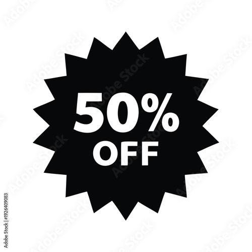 sunburst discount label silhouette vector illustration, Stylish sale badge showing fifty percent off discount in bold geometric starburst silhouette vector illustration