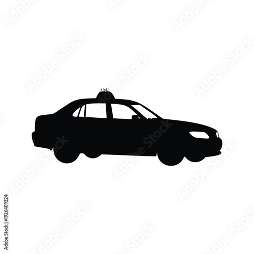 taxi driving in traffic silhouette vector illustration, Classic black and white taxi cab with rooftop light silhouette vector illustration for transportation design