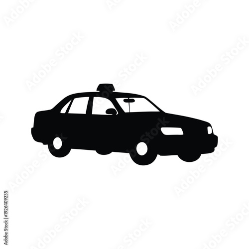 taxi driving in traffic silhouette vector illustration, Minimalist black and white taxi cab with roof light silhouette vector illustration for travel and transportation design