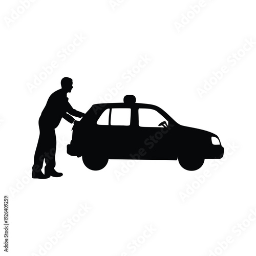 taxi picking up passenger silhouette vector illustration, Silhouette of a taxi driver opening door for passenger in a sleek compact car silhouette vector illustration