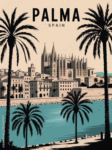 Palma Spain Travel Poster, large black PALMA text at top, SPAIN in smaller font, Gothic Cathedral of Palma de Mallorca with spires