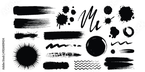 set of black ink splashes Overlay texture stamps for old effect. Grunge frames with spray.