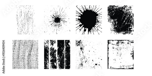 set of black ink splashes Overlay texture stamps for old effect. Grunge frames with spray.