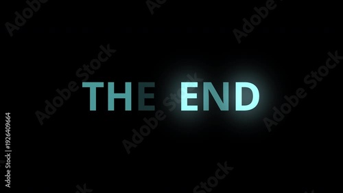 The End sign cinematic title on dark black background, dramatic closing scene text for film finale, modern motion graphic style