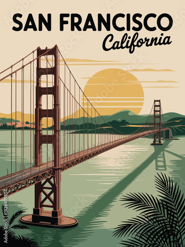 San Francisco California Poster, large black SAN FRANCISCO text, California in cursive below, reddish-brown bridge illustration
