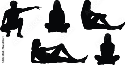 Black silhouette collection of young people sitting casually, squatting pointing gesturing relaxed poses, leisure youth lifestyle vector illustration, isolated white background.