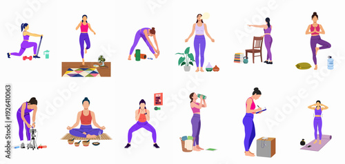 Diverse women engage in various home wellness activities, including yoga, fitness, meditation, and healthy lifestyle practices for mind and body.