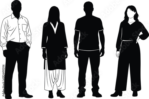 Black silhouette faceless people group standing in diverse modern outfits shirts tunic pants wide trousers formal casual style isolated vector