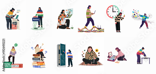 Women in Tech: Illustrative Scenes of Coding, Data Management, Problem Solving, and Digital Innovation