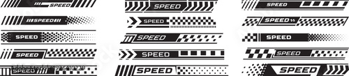 A set of racing stripes with the text "SPEED" and checkered flag elements.