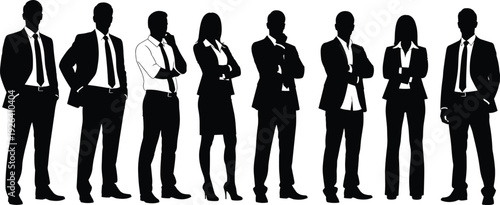 Black silhouette of diverse business team eleven professionals standing in suits ties dresses confident poses corporate group isolated vector illustration