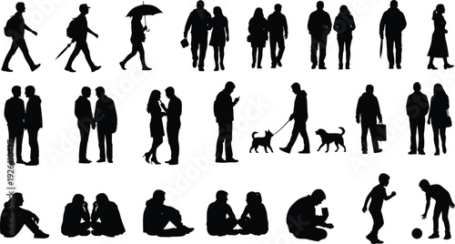 Black silhouette people collection walking couples sitting groups dog walking kissing talking soccer kid vector illustration set crowd figures