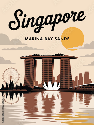 Singapore Marina Bay Sands Poster, large black cursive Singapore text, MARINA BAY SANDS below, iconic three-tower hotel illustration