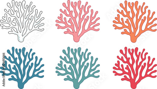 Colorful coral reef silhouettes set, decorative marine sea coral illustration collection for ocean, aquarium and tropical design
