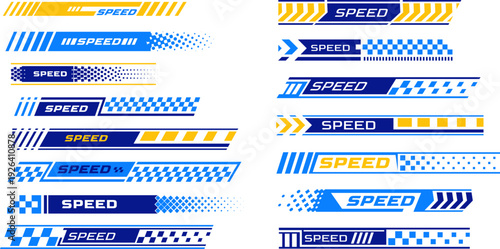 Racing stripes, strips arrows with Speed text, race flag, blue, yellow white checkers, flag sport car decal vector set