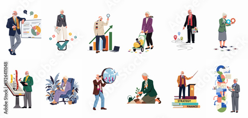 Senior business professionals engaged in financial planning, strategic investment, market analysis, and sustainable growth, demonstrating expertise, wisdom, and future vision.