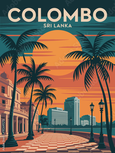Colombo Sri Lanka Sunset Poster, stylized tropical promenade illustration, retro travel poster aesthetic, warm sunset colors