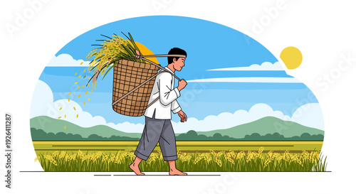 Farmer carrying basket with harvested crops.