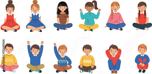 Set, of, Diverse, Cartoon, Children, Sitting, on, the, Floor, in, a, Classroom, with, Boys, and, Girls, Raising, Hands, Illustration
