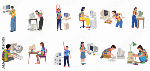 Retro computer users engaging in learning, problem-solving, and everyday tasks with vintage technology, highlighting nostalgia and digital education.