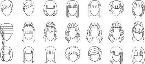 Set of Women Hair Style Icons Featuring Various Haircuts and Braids Line Art Illustration Isolated on White Background for Beauty