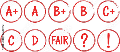 Set, of, Red, Hand, Drawn, Circle, Grade, Stamps, with, A, Plus, B, C, D, Fair, Question, and, Exclamation, Mark, Illustration