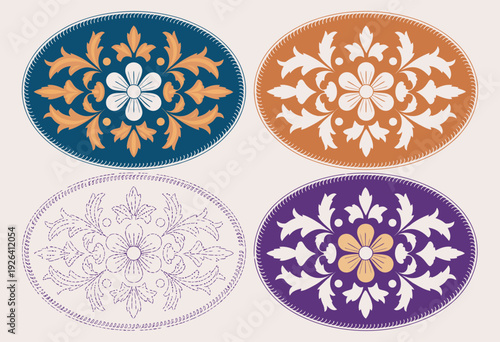 Label Tag Floral Emblem Design Stylized Silhouette Ornate Belt Buckle, American Classic Medal, Cowgirl Flower Western Rodeo Vector Collection