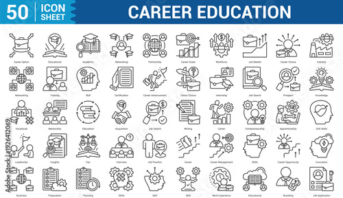 Career Education outline style Icon Set Collection Concept With Icon Of career option, educational, academic, networking, partnership, and more. Illustration eps 10