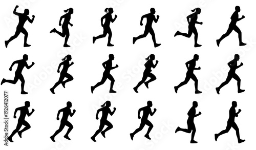 A set of black silhouette icons of people running in various poses