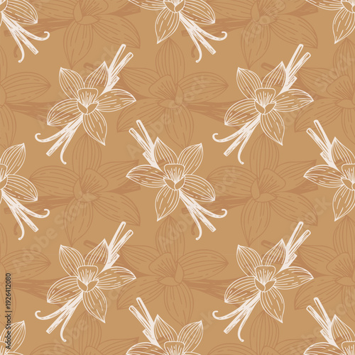 Linear pattern featuring vanilla flowers and pods. Warm brown and beige tones, perfect for backgrounds, textiles, food packaging, or cosmetics.