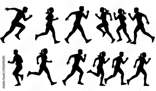 A set of black silhouettes of people running in different poses