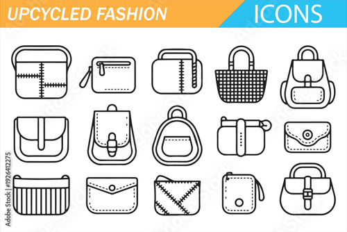 Upcycled Fashion Bag Icons Outline Vector Set for Sustainable Design