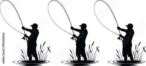 Fishing silhouette of angler casting rod in lake water, outdoor hobby and freshwater sport activity illustration
