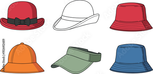 Set of Various Vector Hat Illustrations including Sun Hat, Bucket Hat, Bowler Hat, and Sun Visor, Fashion Accessories, Headwear, Clothing