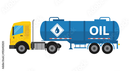 Oil Tanker Truck Illustration, yellow cab with blue storage tank in colorful vector style