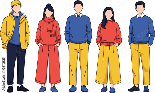 Colorful vector fashion illustration of five faceless people in casual winter outfits jackets sweaters scarves wide pants standing group modern style
