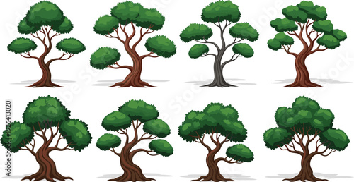 Set of various green deciduous trees with brown trunks, flat vector cartoon nature collection, forest plants icons on white background,