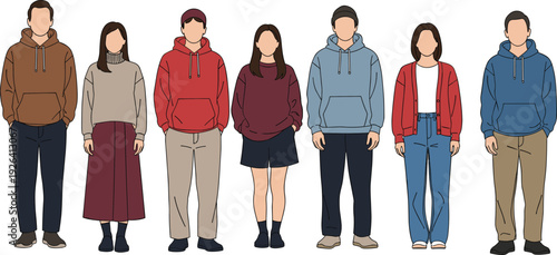 Cozy winter streetwear outfits for men and women, colorful flat vector fashion illustration, hoodie cardigan skirt wide pants beanie lineup