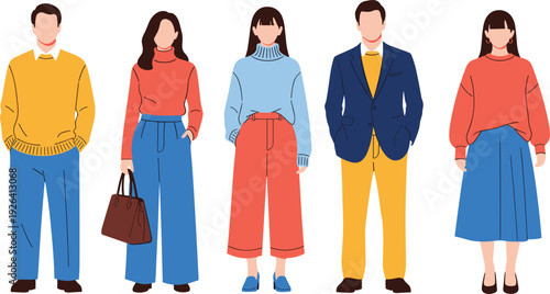 Cozy autumn winter outfits for men and women, colorful flat vector fashion illustration, sweater turtleneck blazer wide pants skirt lineup
