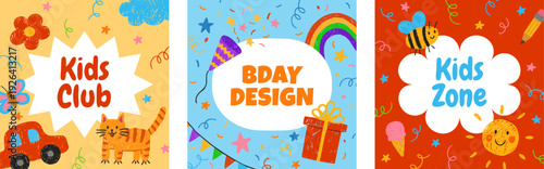 Kids club poster, Birthday design vector greeting card, crayon kids drawings, cartoon pencil artwork for kindergarten