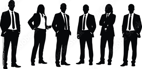 Diverse business professionals in formal suits blazers ties standing together handshaking black silhouette vector illustration men women isolated white background.