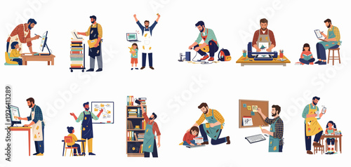 Father working from home, balancing creative projects, education, and family responsibilities with a child in various daily scenes.