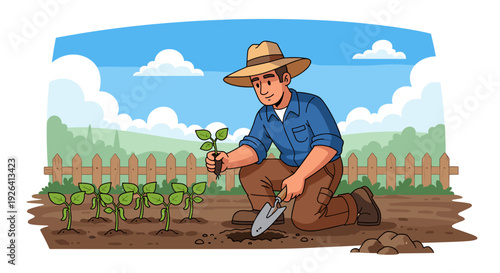 Farmer Planting Seedlings in Garden Soil.