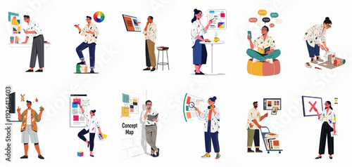 Diverse graphic and UI/UX designers collaborate on projects, illustrating modern creative workflow, conceptualization, and artistic development in various professional settings.