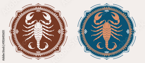 Scorpion Label Belt Buckle Old West Cowboy Style Tag Design, Stylized Silhouette, Western Rodeo Emblem Vector Illustration