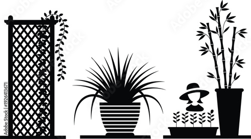 Garden decor silhouette set, trellis potted plants bamboo and gardener illustration for home and landscape design