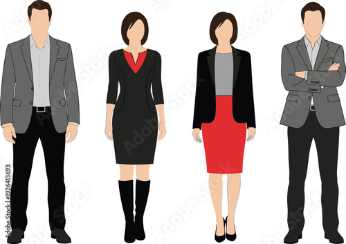 Diverse business professionals standing confidently in formal suits, blazers, dresses, and pencil skirts, modern corporate team attire illustration vector