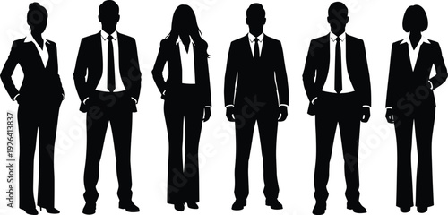Diverse business team in formal suits blazers ties trousers standing confidently black silhouette vector illustration men women isolated white background.